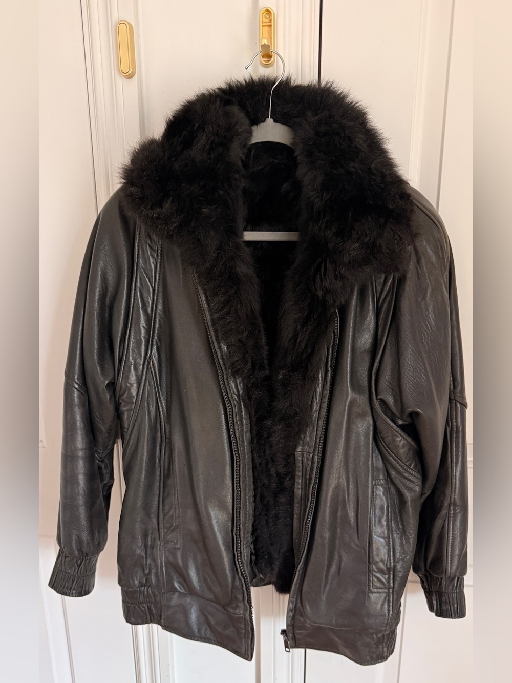 Andrew Marc Black Leather Jacket with Plush Fur Collar